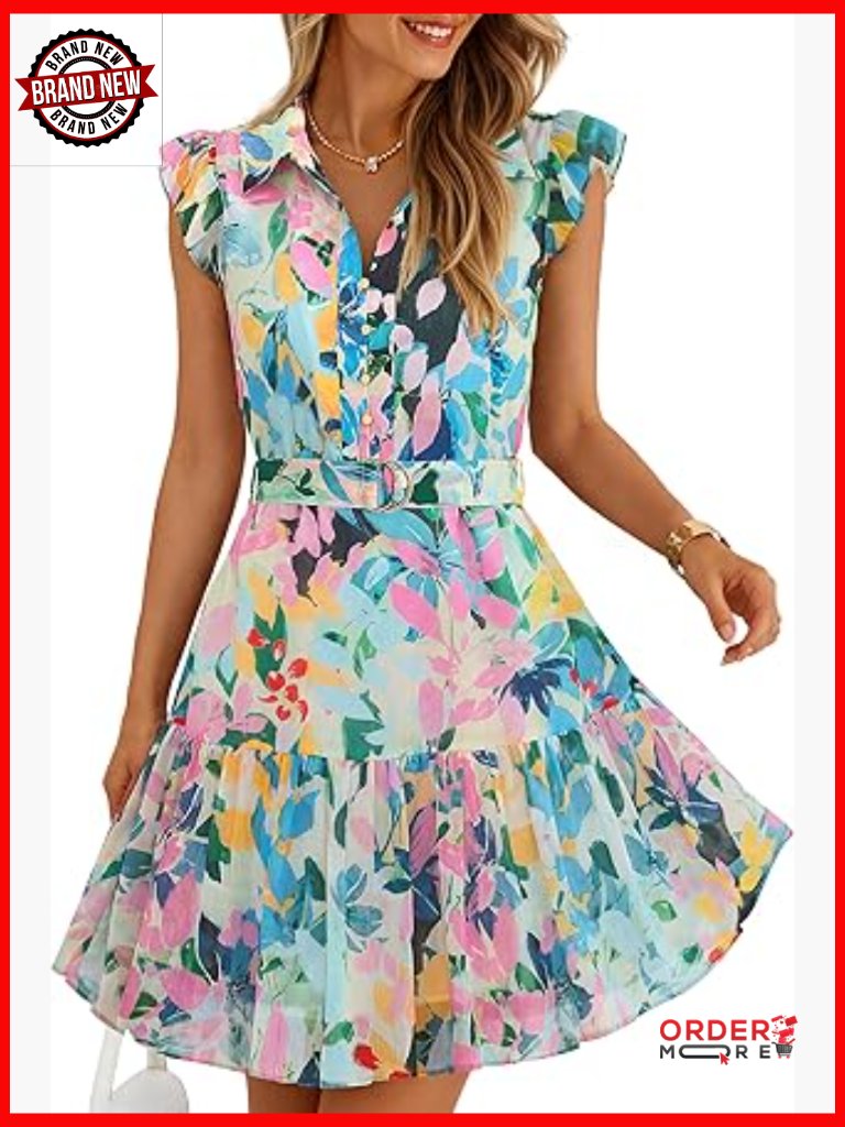 Boho Floral Mini Dress With Flutter Sleeves & Belt